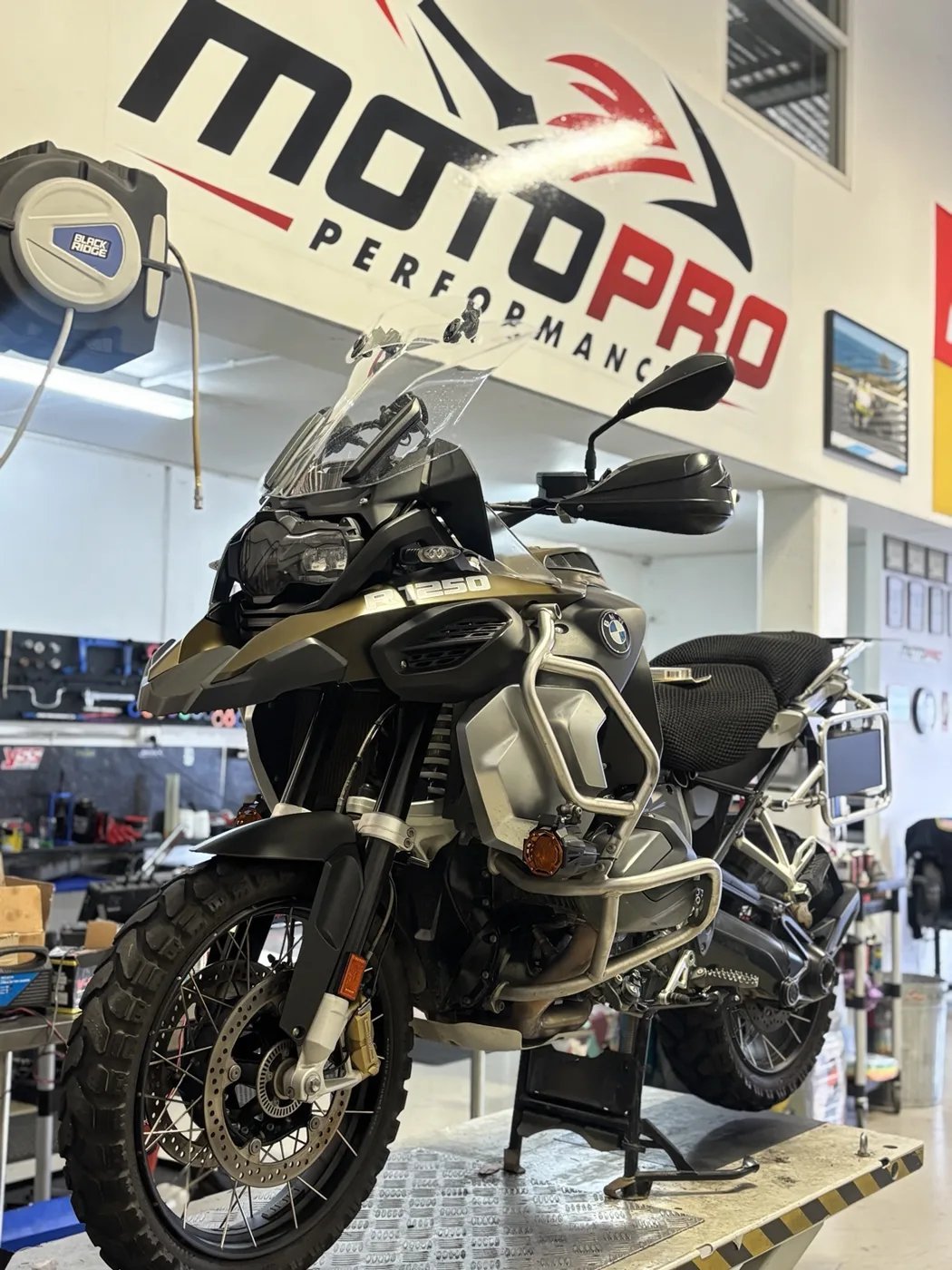 Adventure motorcycle in the Motopro Performance workshop
